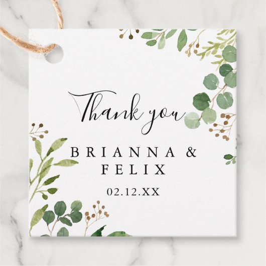 Eucalyptus Eenvoudig Bruin Bloemen Bruiloft Bedankjes Labels (Voorkant)