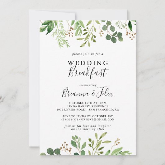 Eucalyptus Eenvoudig Bruin Bloemen Bruiloft Ontbij Kaart (Voorkant)