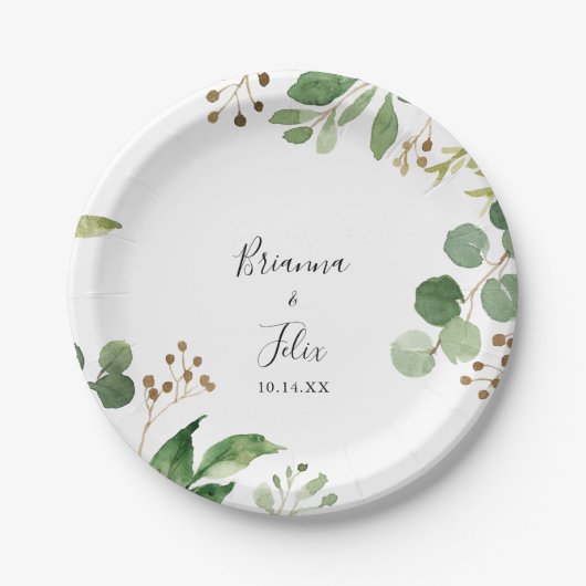Eucalyptus Eenvoudig Bruin Bloemen Bruiloft Taart Papieren Bordje (Voorkant)