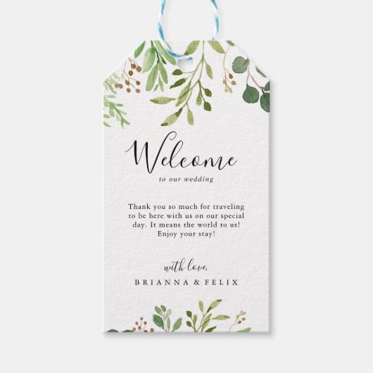 Eucalyptus Eenvoudig Bruin Bloemen Bruiloft Welkom Cadeaulabel (Voorkant)