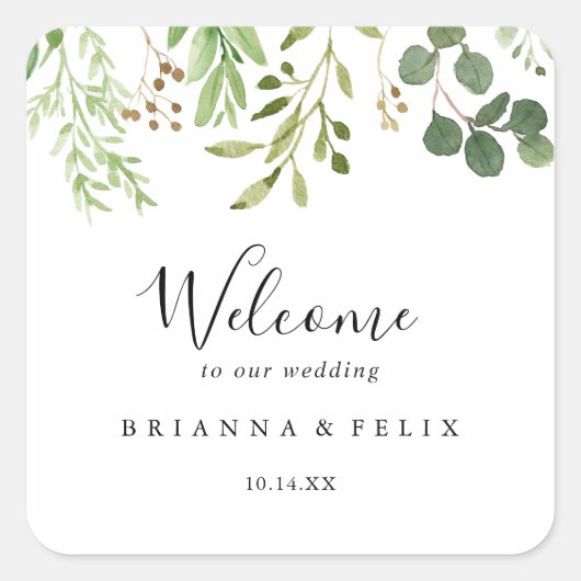 Eucalyptus Eenvoudig Bruin Bloemen Bruiloft Welkom Vierkante Sticker (Voorkant)