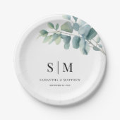 Eucalyptus Eenvoudig Elegant Paar Initialen Huweli Papieren Bordje (Voorkant)