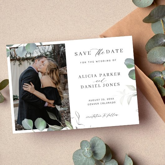 Eucalyptus eenvoudig elegante minimalistische foto save the date
