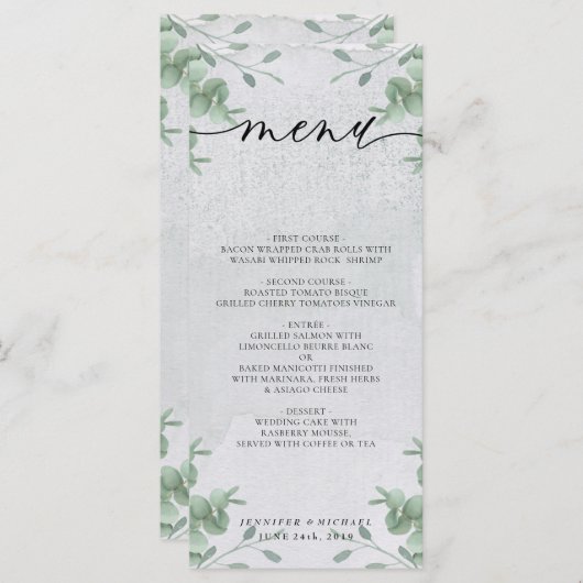 Eucalyptus Eenvoudig Modern Huwelijksceremonie Din Menu (Voorkant / Achterkant)