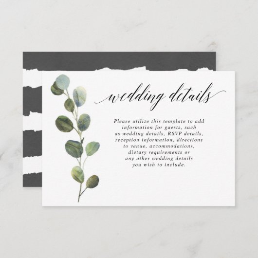 Eucalyptus eenvoudige zwarte en witte trouwgegeven informatiekaartje (Voorkant / Achterkant)