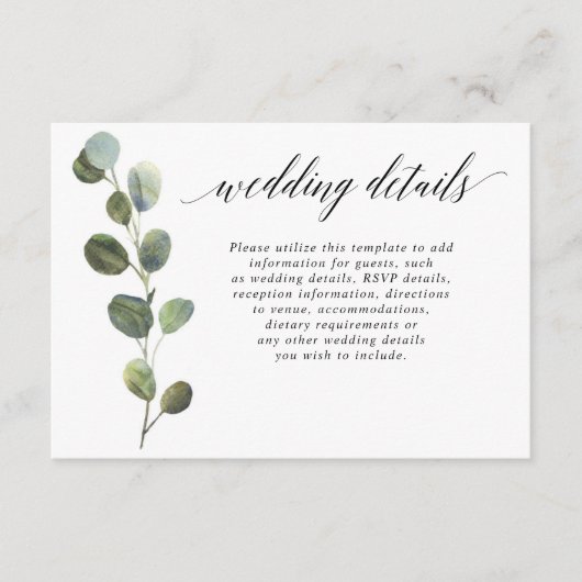 Eucalyptus eenvoudige zwarte en witte trouwgegeven informatiekaartje (Voorkant)