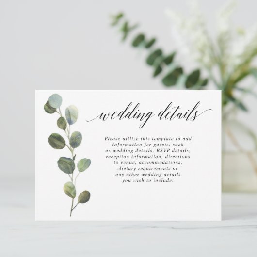 Eucalyptus eenvoudige zwarte en witte trouwgegeven informatiekaartje (Staand voorkant)