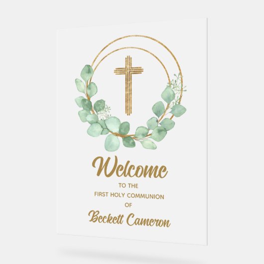 Eucalyptus eerste communie welkom acryl bord (Hoek)
