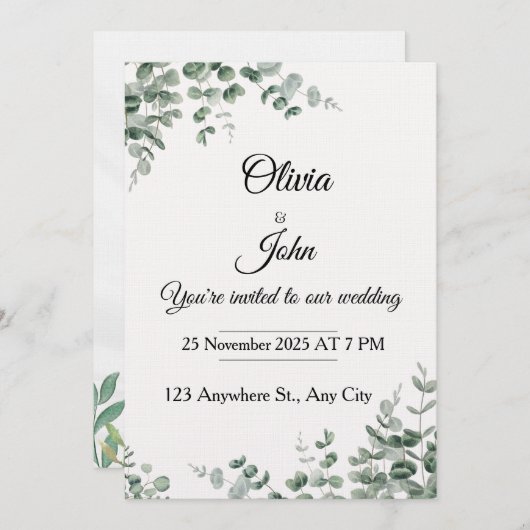 Eucalyptus Elegance Wedding Invitation Kaart (Voorkant / Achterkant)