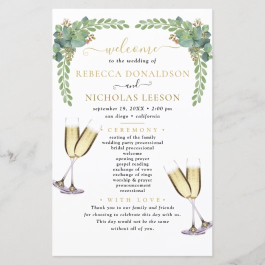 Eucalyptus Elegant Calligraphy Wedding Programme (Voorkant)
