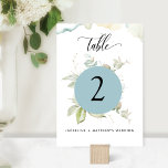 Eucalyptus Elegant Greenery Wedding, Mist Blue Kaart<br><div class="desc">Vervolledig uw tafeldécor met dit prachtige tabelnummer met de voortreffelijke waterverf Eucalyptus greenery, de delicate vlekken van de waterverf en de moderne handgeschreven kalligrafie. Mogelijkheid om zich aan te passen aan jouw namen en gebeurtenissen. NOTA: Gelieve te plaatsen een individuele orde voor "elk"lijstaantal u voor uw gebeurtenis wenst. (d.w.z. voor...</div>