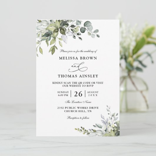 Eucalyptus Elegant Modern Budget QR Code Wedding Kaart (Staand voorkant)