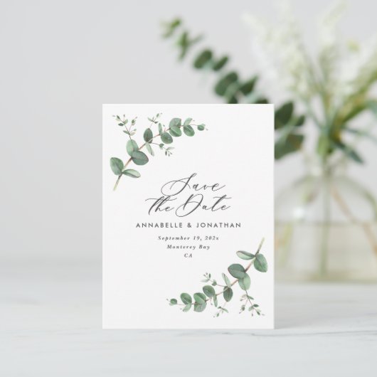 Eucalyptus elegant moderne bruiloft met behoud van briefkaart (Staand voorkant)