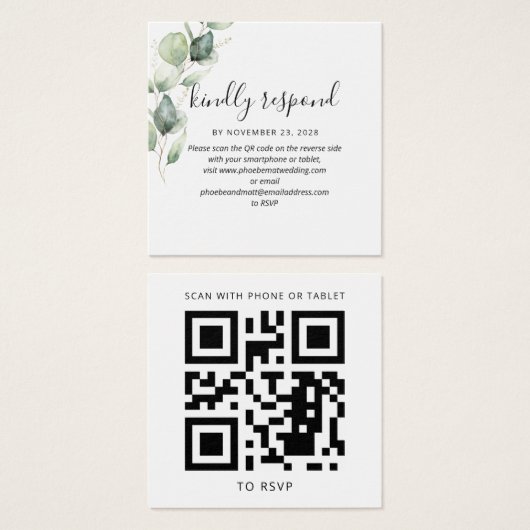 Eucalyptus Elegant QR Code Weddenschap Website RSV Vierkante Visitekaartjes (Voorkant /achterkant)