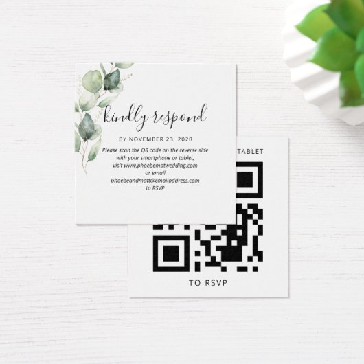 Eucalyptus Elegant QR Code Weddenschap Website RSV Vierkante Visitekaartjes (Bureau)