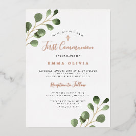 Eucalyptus elegant roos goud eerste Heilige Commun Folie Uitnodiging