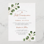 Eucalyptus elegant roos goud eerste Heilige Commun Folie Uitnodiging (Voorkant)