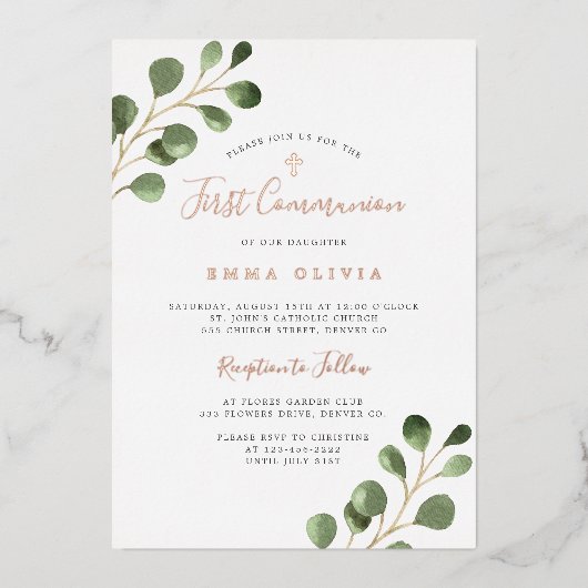 Eucalyptus elegant roos goud eerste Heilige Commun Folie Uitnodiging (Voorkant)
