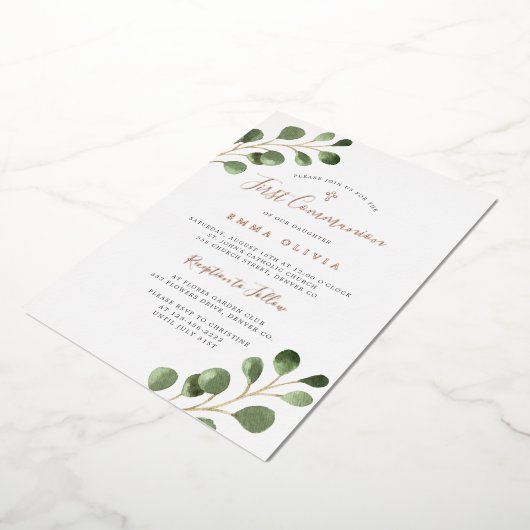 Eucalyptus elegant roos goud eerste Heilige Commun Folie Uitnodiging (Gedraaid)