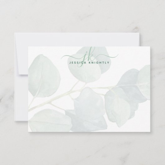 Eucalyptus Elegant Script Monogram Initialen Notitiekaartje (Voorkant)