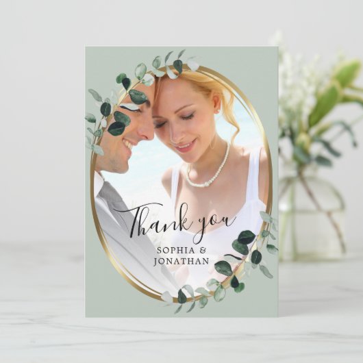 Eucalyptus Elegant Script QR-code bruiloft Bedankkaart (Staand voorkant)