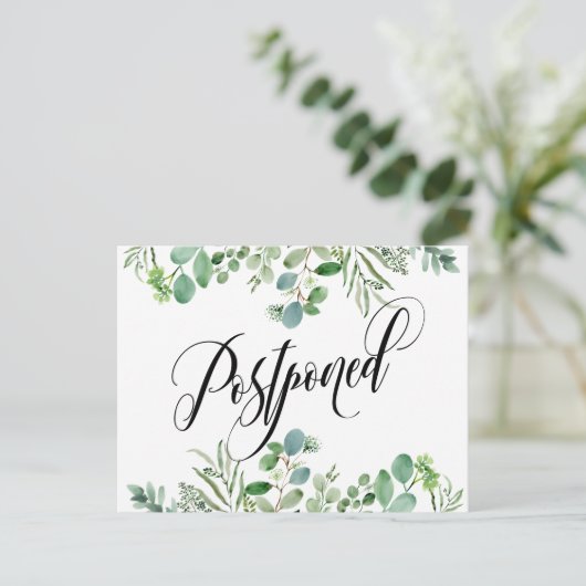 Eucalyptus & Elegant Script uitgesteld bruiloft Briefkaart (Staand voorkant)