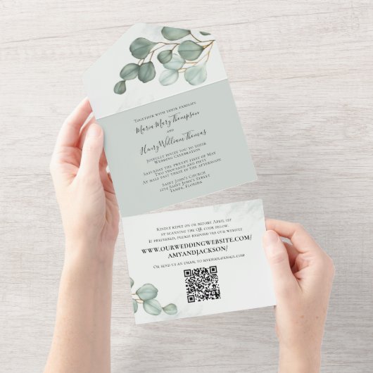 Eucalyptus Elegant Waterverf Foliage QR-code All In One Uitnodiging (Afscheurbaar)