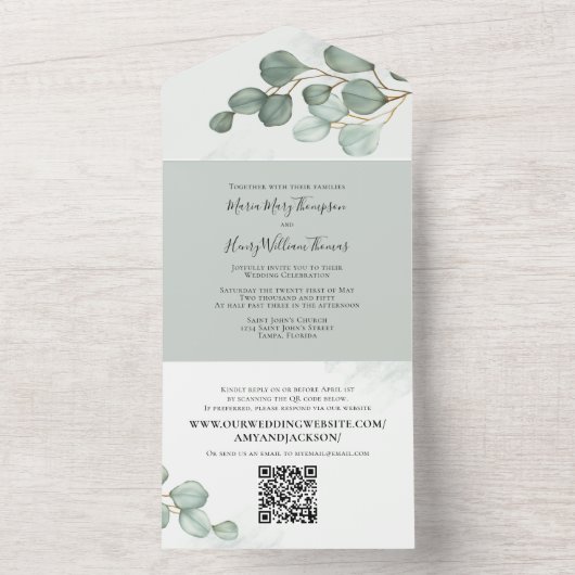 Eucalyptus Elegant Waterverf Foliage QR-code All In One Uitnodiging (Binnen)
