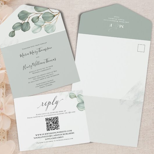 Eucalyptus Elegante Waterverf bruiloft QR-code All In One Uitnodiging