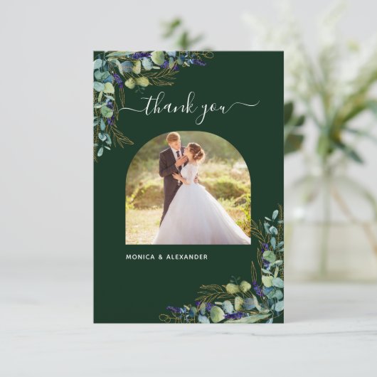 Eucalyptus emerald green moderne fotobruiloft bedankkaart (Staand voorkant)