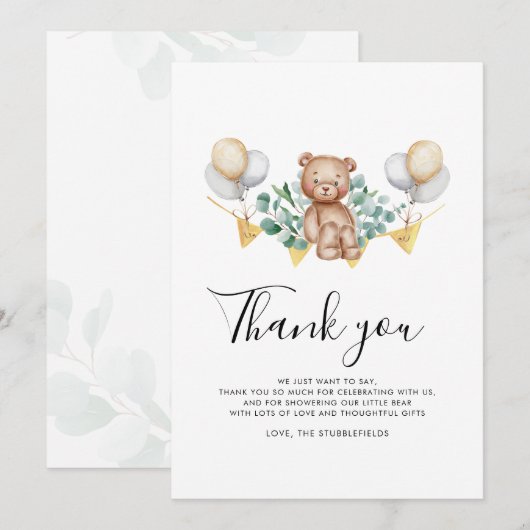 Eucalyptus en Beer Rustisch Beer Baby shower Bedankkaart (Voorkant / Achterkant)