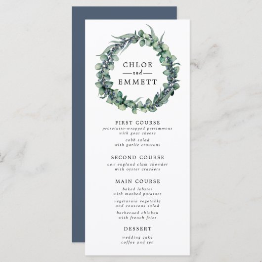 Eucalyptus en Berry krans Botanische bruiloft Menu (Voorkant / Achterkant)