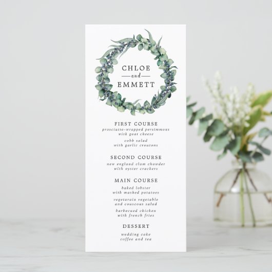 Eucalyptus en Berry krans Botanische bruiloft Menu (Staand voorkant)
