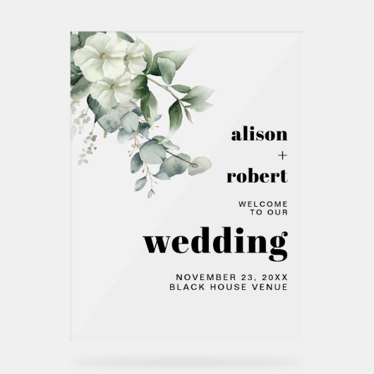 Eucalyptus en bloemen bevroren bruiloft WELKOM Acryl Bord (Voorkant)