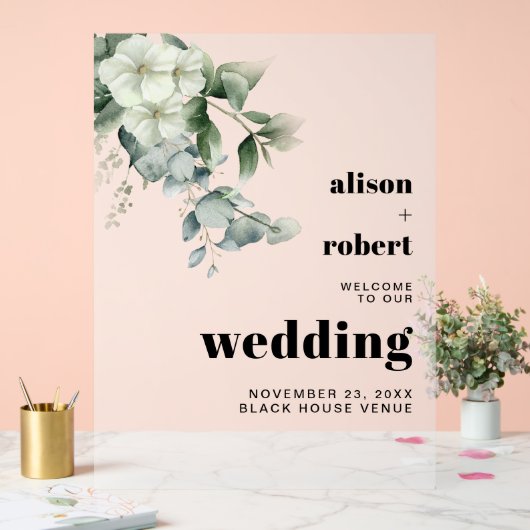 Eucalyptus en bloemen bevroren bruiloft WELKOM Acryl Bord (Huwelijk)