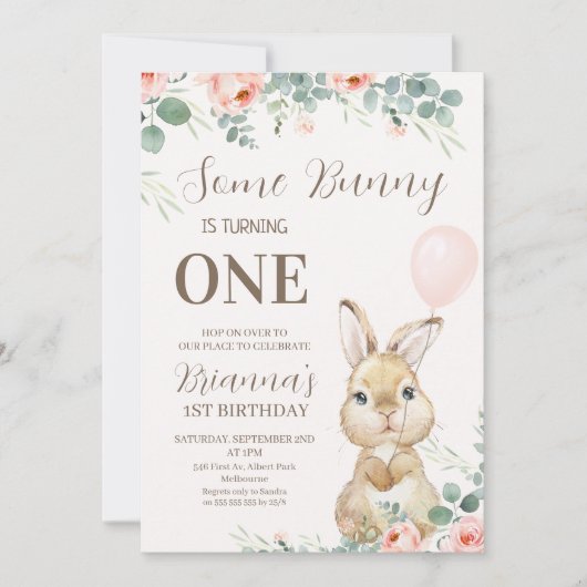 Eucalyptus en Bloemroze Enkele Bunny Verjaardag Kaart (Voorkant)
