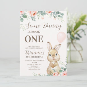 Eucalyptus en Bloemroze Enkele Bunny Verjaardag Kaart