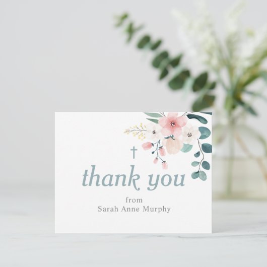 Eucalyptus en Blush Pink Flower Baptisme Bedankkaart (Staand voorkant)