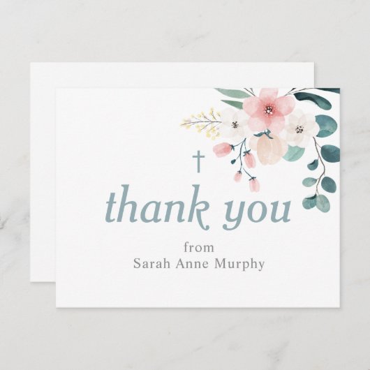 Eucalyptus en Blush Pink Flower Baptisme Bedankkaart (Voorkant / Achterkant)