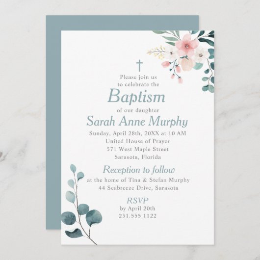 Eucalyptus en Blush Pink Flower Baptisme Kaart (Voorkant / Achterkant)