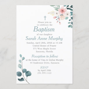 Eucalyptus en Blush Pink Flower Baptisme Kaart