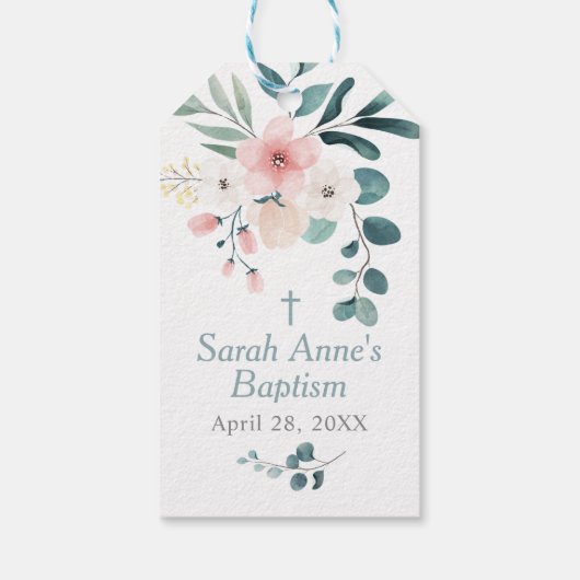 Eucalyptus en Blush Roze Bloem Doop Cadeaulabel (Achterkant)