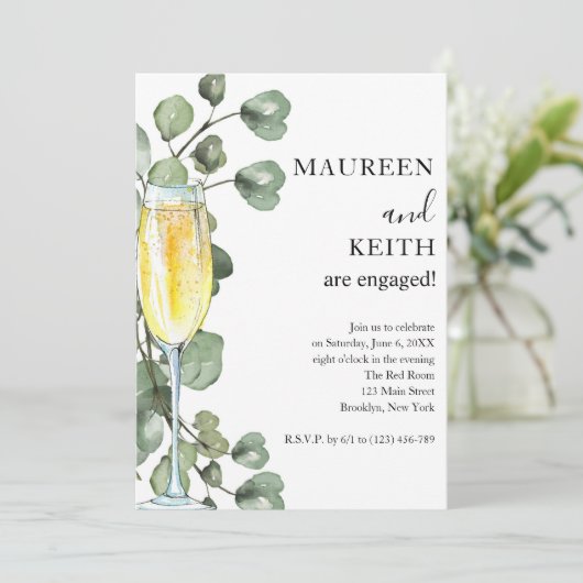 Eucalyptus en Champagne Engagement Party Invitati Kaart (Staand voorkant)