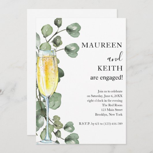 Eucalyptus en Champagne Engagement Party Invitati Kaart (Voorkant / Achterkant)