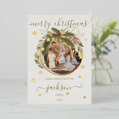 Eucalyptus en felle kerstmis met gouden sterren fo folie feestdagenkaart (Staand Voorkant)