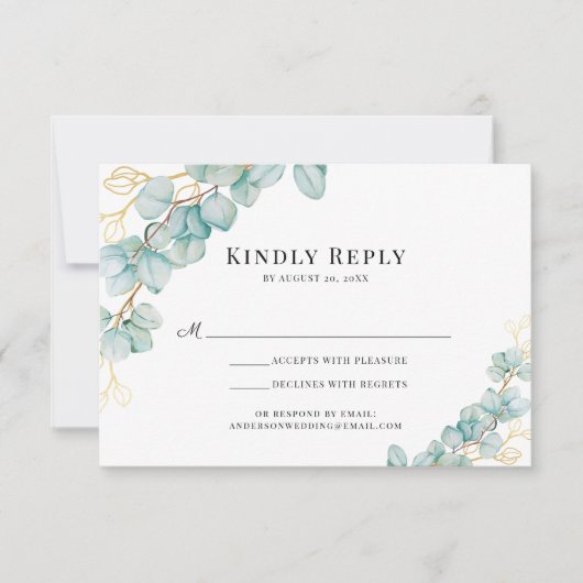 Eucalyptus en Gold Botanicals Bruiloft RSVP Kaartje (Voorkant)
