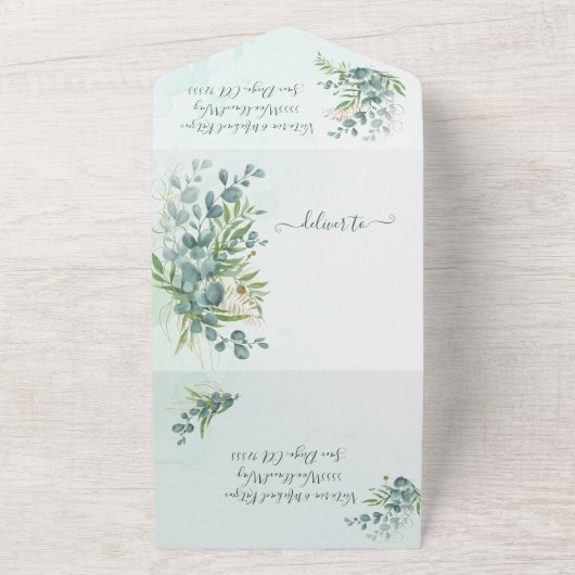 Eucalyptus en Gold Fern Botanical Wedding All In One Uitnodiging (Buitenkant)