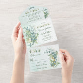 Eucalyptus en Gold Fern Botanical Wedding All In One Uitnodiging (Afscheurbaar)