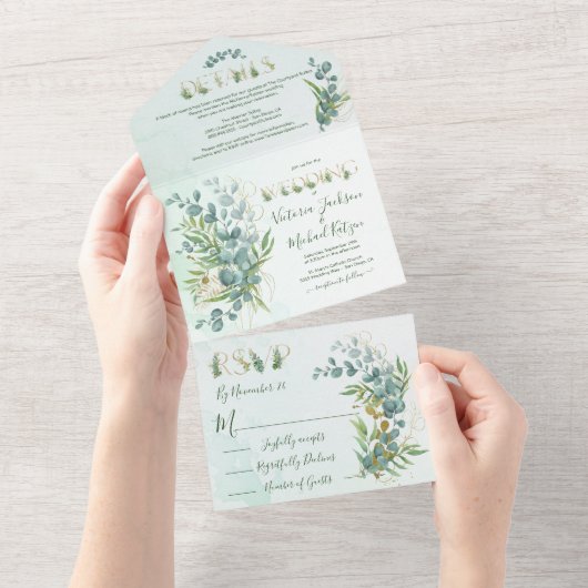 Eucalyptus en Gold Fern Botanical Wedding All In One Uitnodiging (Afscheurbaar)