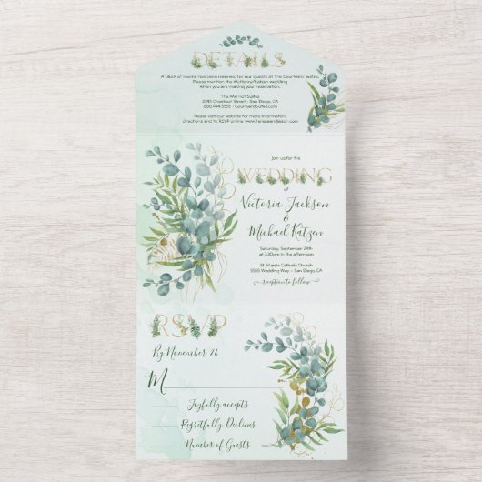 Eucalyptus en Gold Fern Botanical Wedding All In One Uitnodiging (Binnen)